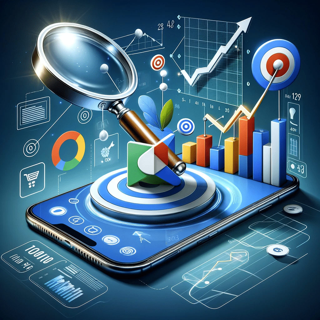 Estrategia de Google Ads para apps móviles con objetivo, gráfico de crecimiento y lupa simbólica. Palabras clave | Posiciona.Digital