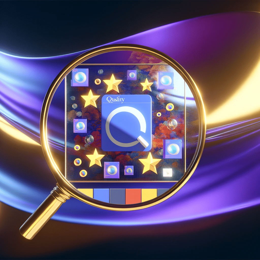 Lupa inspeccionando anuncios digitales de alta calidad, con estrellas de excelencia y fondo fluido. | Posiciona.Digital