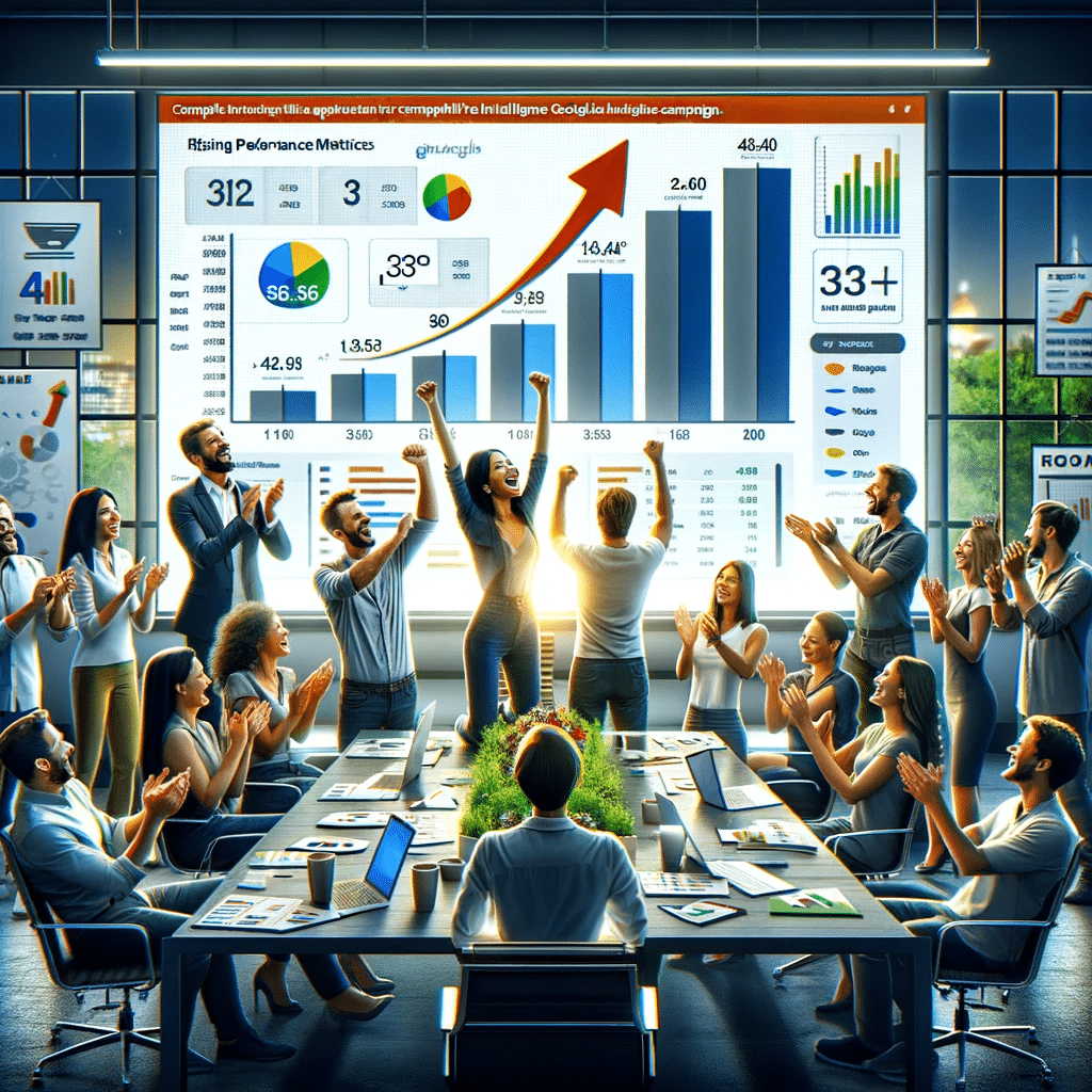 Equipo celebra éxito en campaña de Google Ads en oficina moderna. | Posiciona.Digital