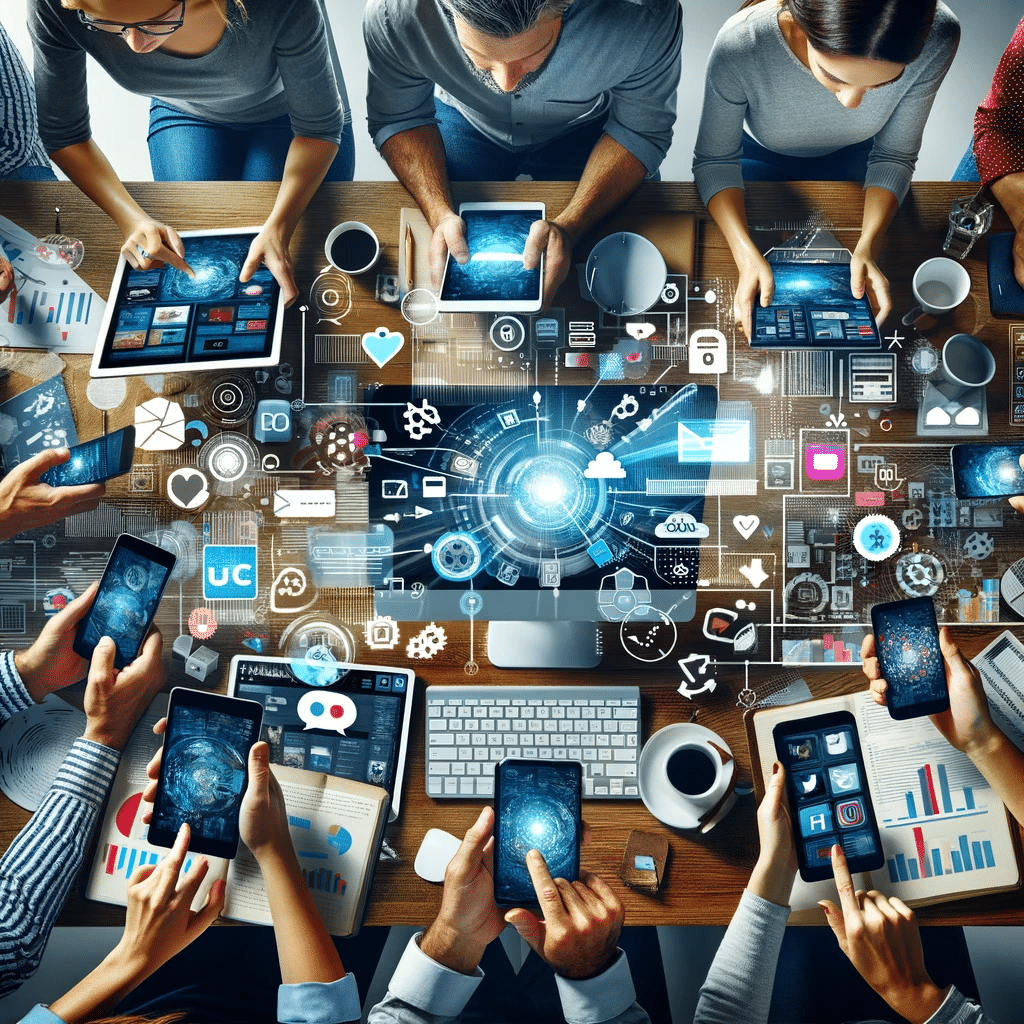 Personas usando diversos dispositivos conectados en estrategia de marketing omnicanal | Posiciona.Digital
