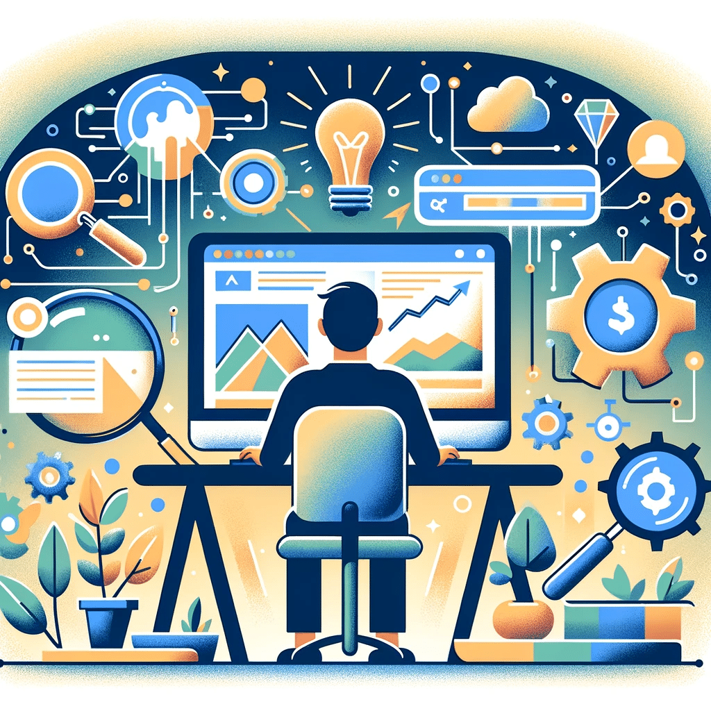Persona explorando Google en su computadora con íconos de ideas y estrategia | Posiciona.Digital