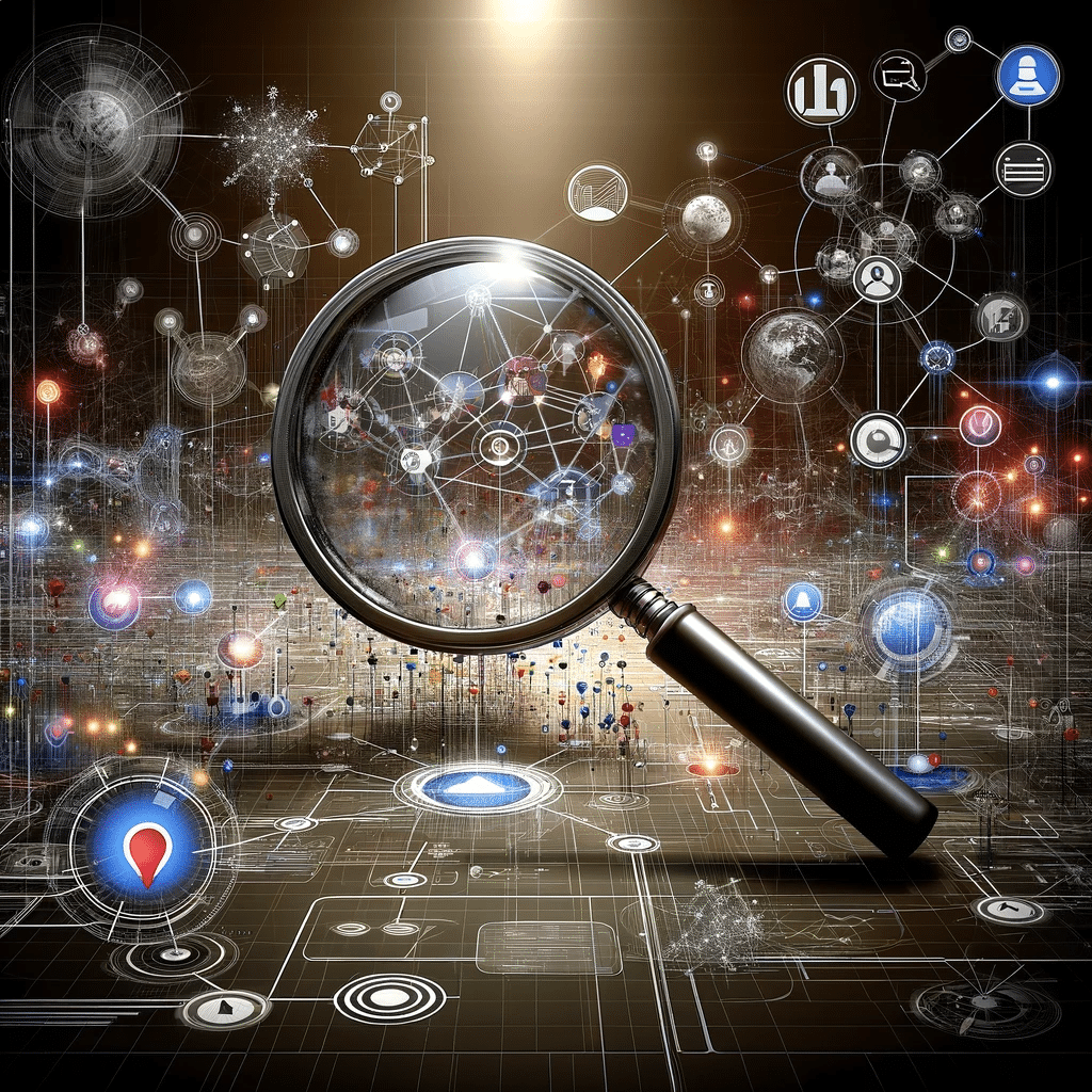 Lupa analizando mapa digital de conexiones, simboliza inteligencia competitiva en publicidad digital. | Posiciona.Digital