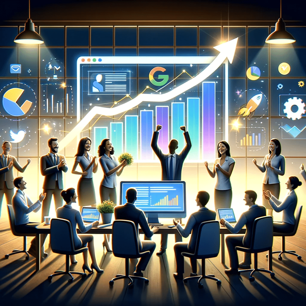 Equipo celebrando el éxito de su producto lanzado con Google Ads | Posiciona.Digital