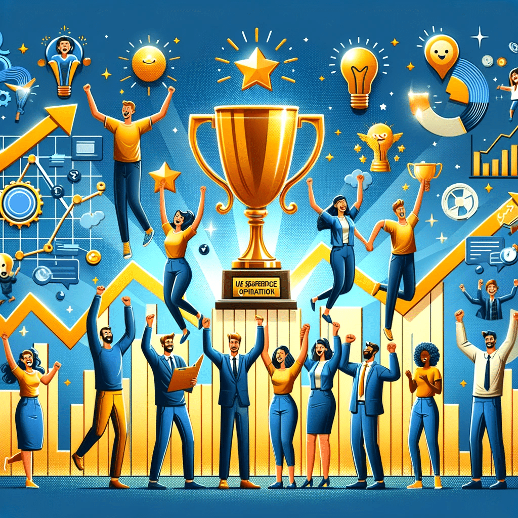 Éxito en Google Ads: equipo celebrando con trofeos y gráficas ascendentes | Posiciona.Digital