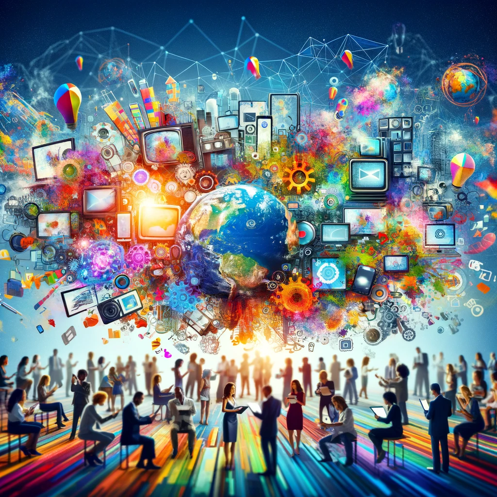 Paisaje digital con personas viendo contenido de video en dispositivos, simbolizando la publicidad en vídeo. | Posiciona.Digital