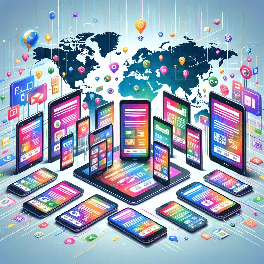Dispositivos móviles mostrando anuncios coloridos con un mapa digital global de fondo. | Posiciona.Digital