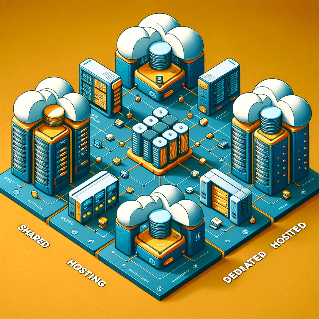 Tipos de hosting: compartido, VPS, dedicado y en la nube, con representaciones simbólicas. Plan de hosting para empresas | Posiciona.Digital
