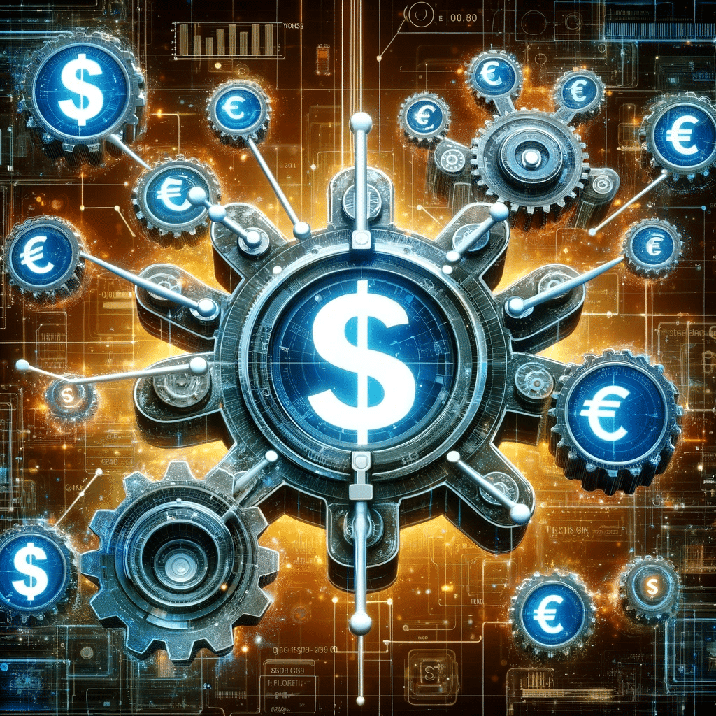 Representación abstracta del sistema de costos por clics de Google Ads con engranajes digitales. Ofertas de landing page a persona | Posiciona.Digital