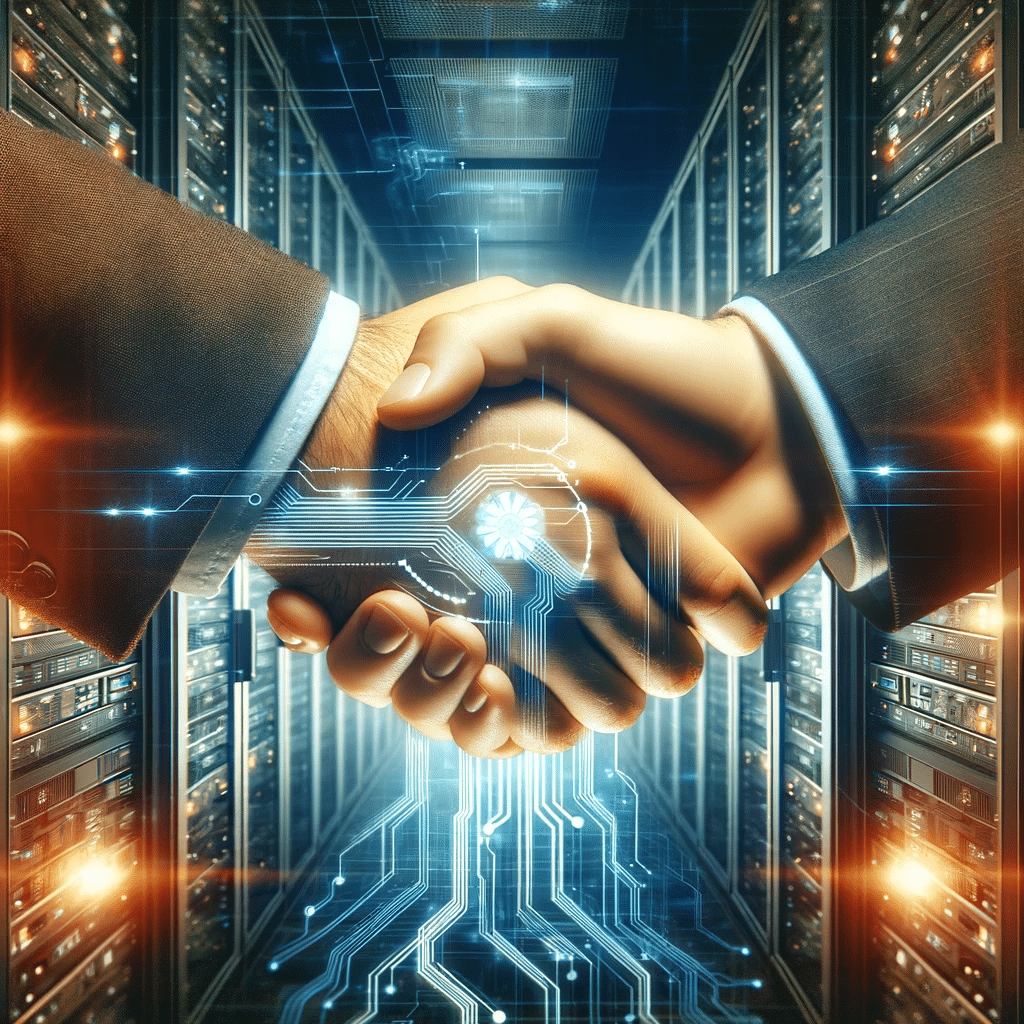 Manos estrechándose sobre fondo digital. Alojamiento web | Posiciona.Digital