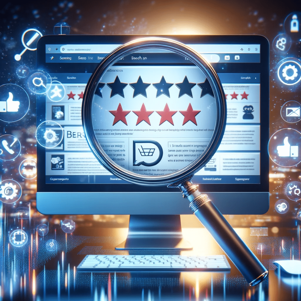 Lupa sobre pantalla con reseñas y SEO. Google my Business | Posiciona.Digital