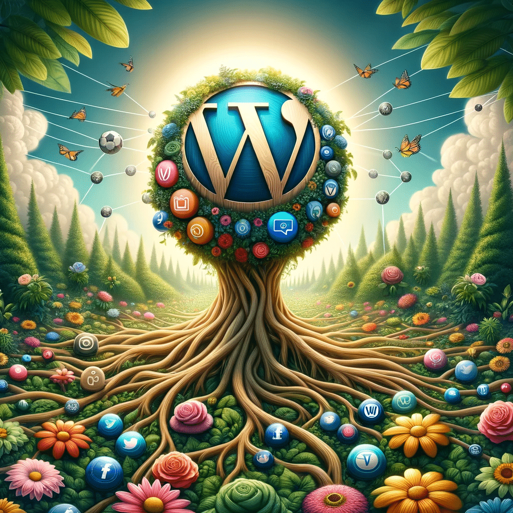 Beneficios de conectar y plugin de redes sociales con WordPress representados en un jardín digita. Social Share | Posiciona.Digital