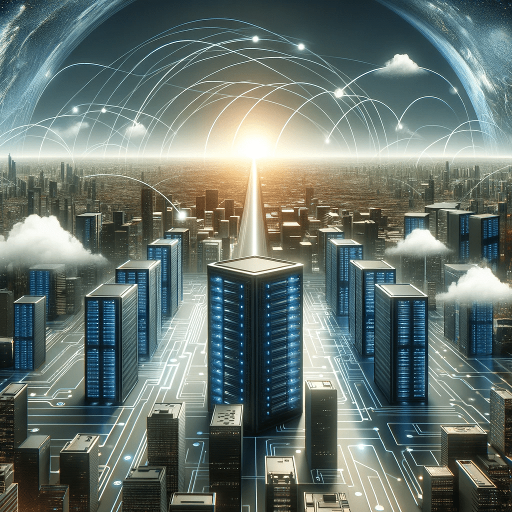 Ciudad futurista simbolizando la gestión integrada de dominios. Plan y alojamiento web | Posiciona.Digital