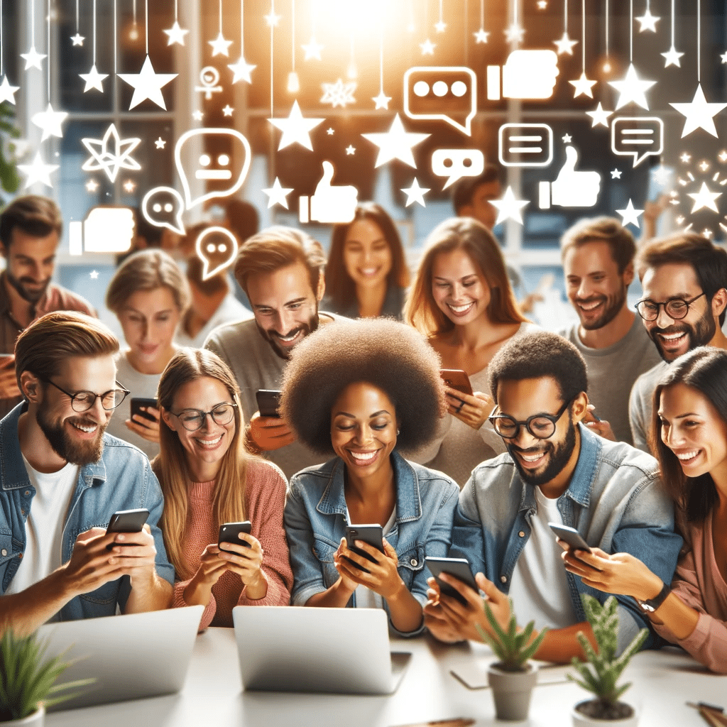 Personas diversas utilizando smartphones y laptops. Clientes Google My Business | Posiciona.Digital
