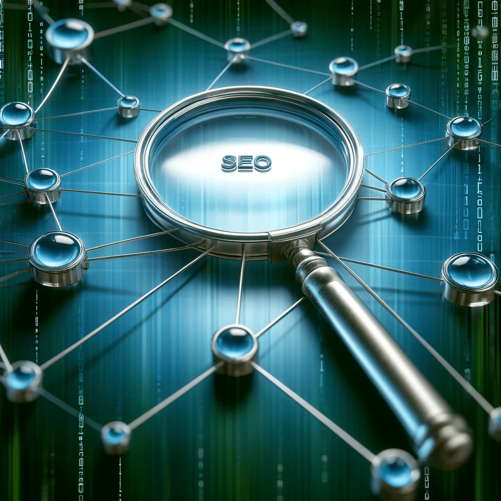 Lupa destacando enlace SEO entre conexiones digitales. Enlace url  | Posiciona.Digital