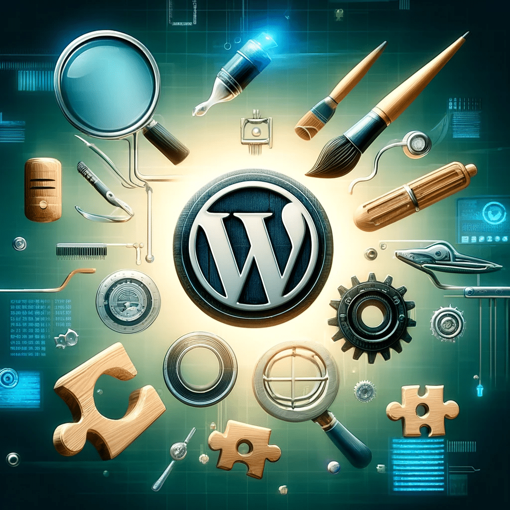 Herramientas flotando alrededor del logo de WordPress Compra productos plugin punto de vista texto mapa mapas interacción | Posiciona.Digital