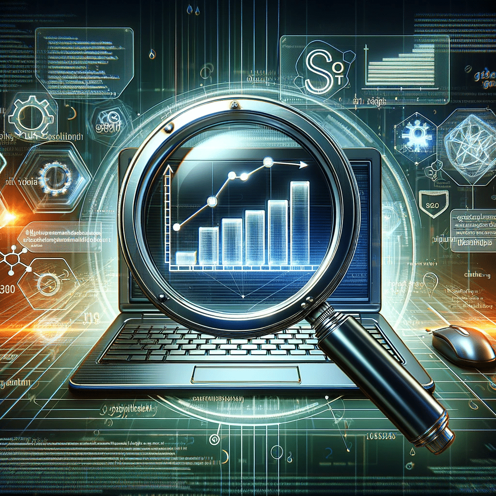 Lupa analizando gráfico de SEO en pantalla. Google página enlace información datos marketing enlaces datos información herramienta dispositivos disciplina| Posiciona.Digital