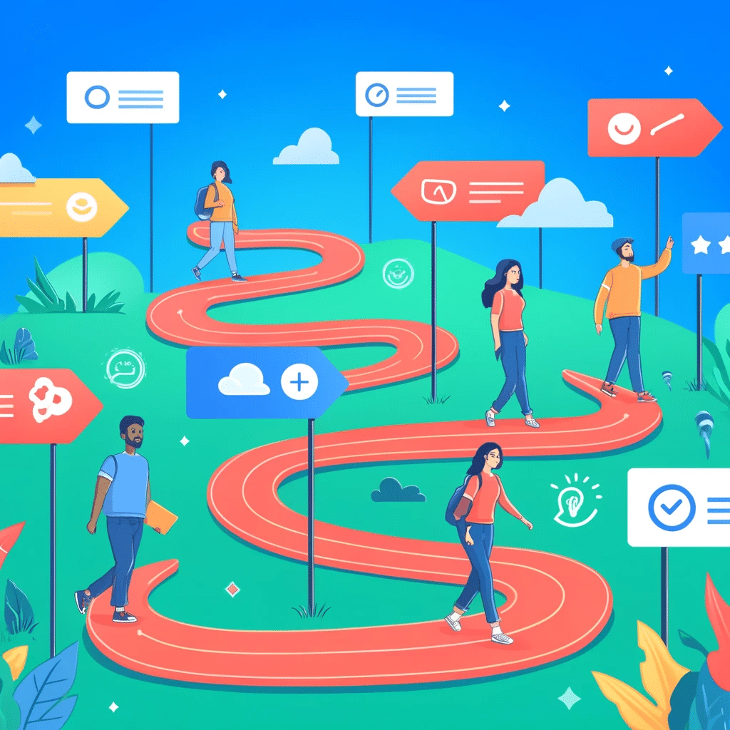 Usuarios en camino simbolizando el viaje en un sitio web. Cliente proceso clientes user persona permite a los usuarios producto marca servicios campos tienda empresa industria fases redes sociales | Posiciona.Digital