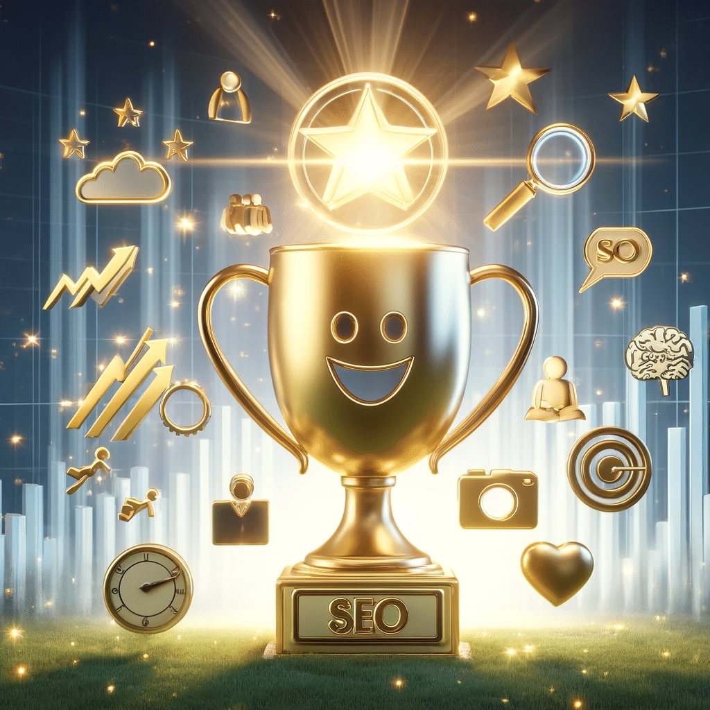 Trofeo simboliza éxito de UX en SEO. Cliente Sitios web dispositivos móviles velocidad de la página fácil de usar palabras clave | Posiciona.Digital