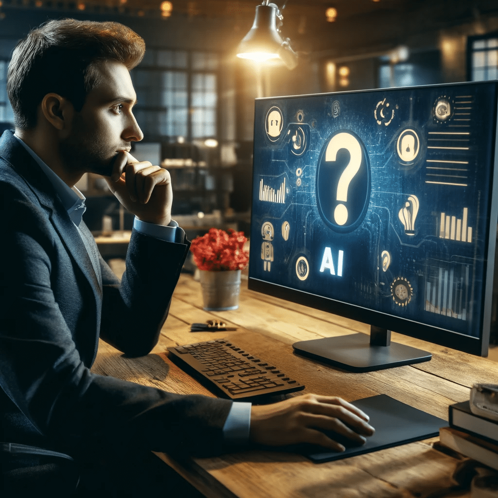 Empresario reflexiona sobre IA en ventas. Inteligencia artificial datos clientes potenciales tiempo real mediante el uso modelos tienda proceso comercio electrónico | Posiciona.Digital